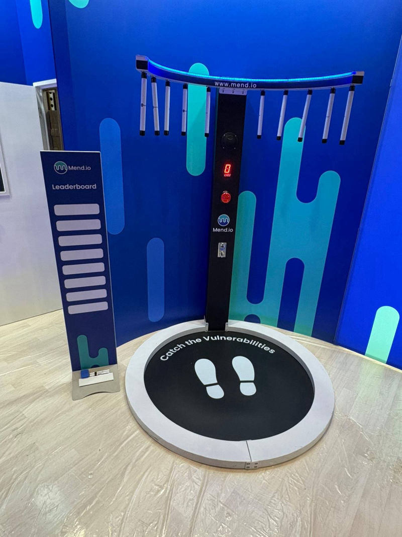 Reaction Ring for Mend.io, fully branded column, 10 batons, floor, LED surrounds and Leaderboard.